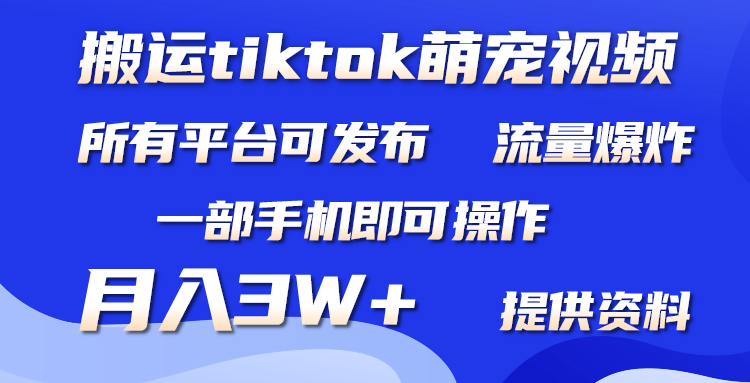 (9618期)搬运Tiktok萌宠类视频，一部手机即可。所有短视频平台均可操作，月入3W+