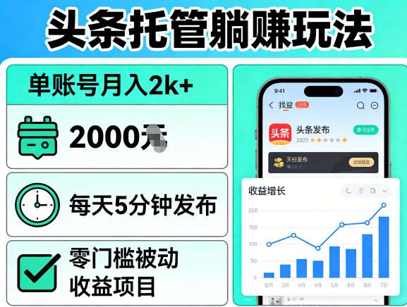 头条托管躺賺玩法，单账号月入2k+，每天5分钟发布即可，零门槛被动收益项目【揭秘】 - 赚客网